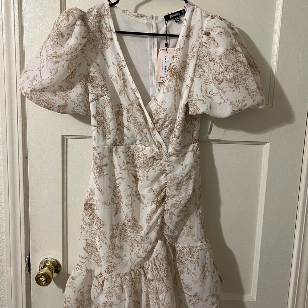 Beige and white floral print dress